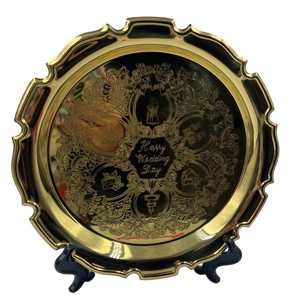 Vintage‎ Decorative Happy Wedding Day Round Ribbon Edge Serving Platter Tray
